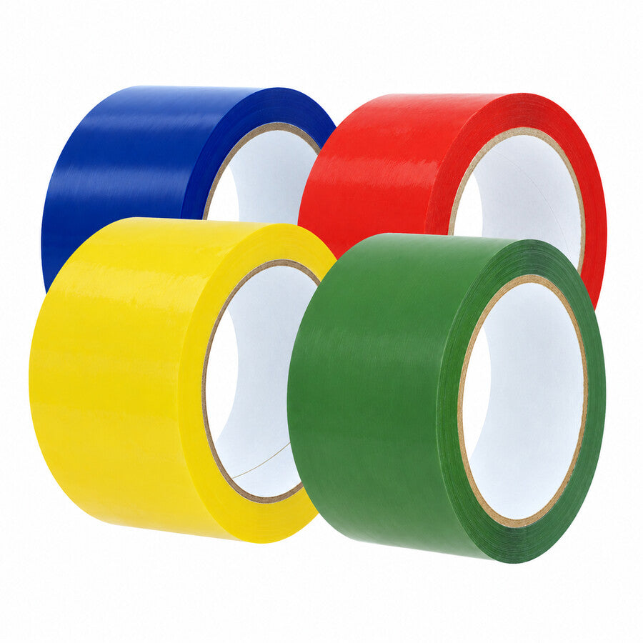 Gekleurde verpakkingstape in blauw, rood, geel en groen.